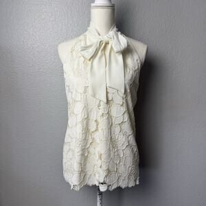 Drew Lace Tie-Neck Sleeveless Blouse Tank Ivory White Floral Size S
